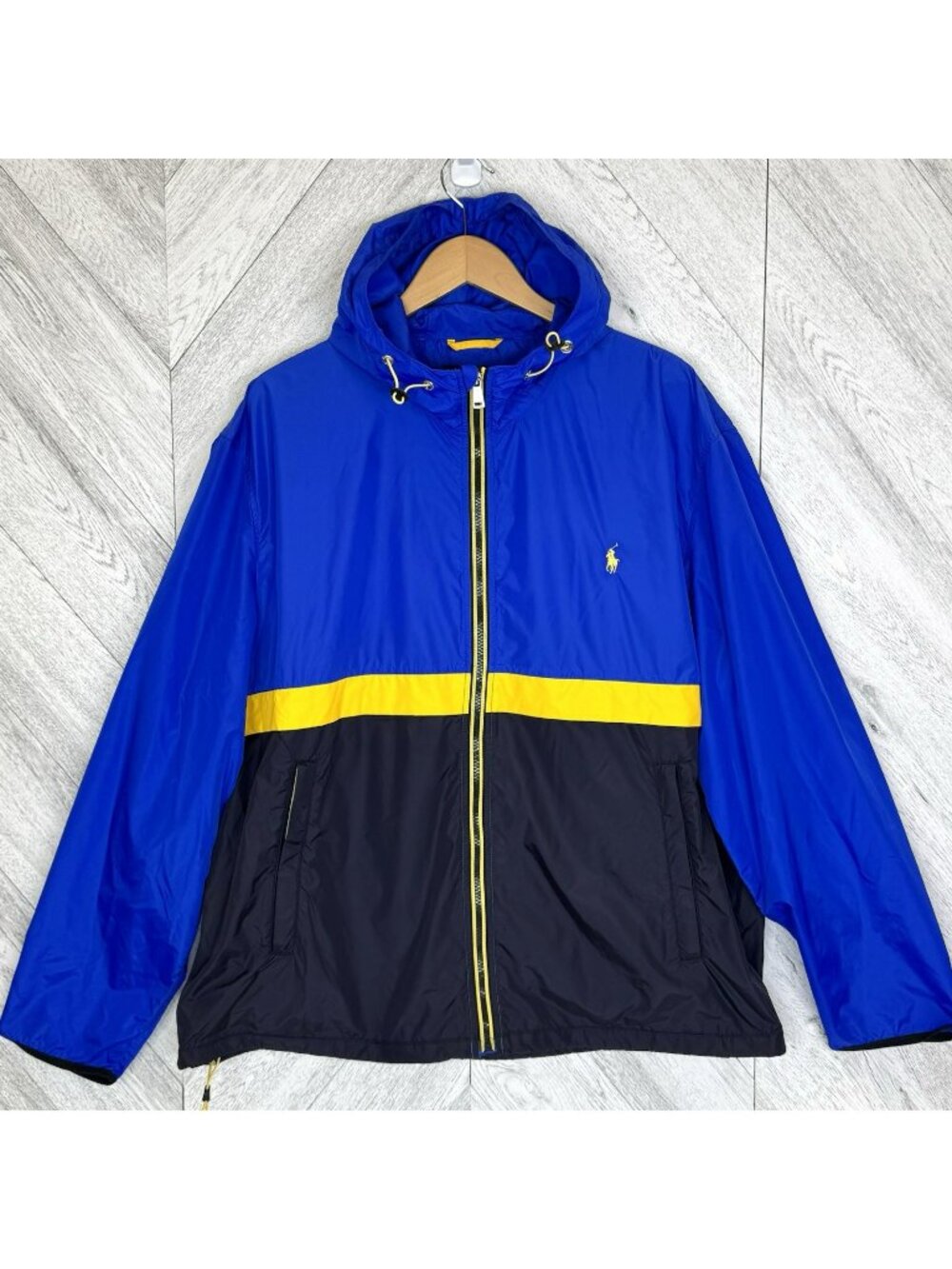 Polo Ralph Lauren Windbreaker Hood Jacket Mens XXL 2XL Full Zip Blue Colorblock